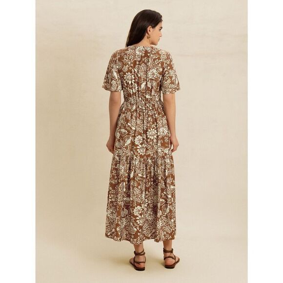 Cute Floral Ditsy Dress Nuetral Deep Tan Lace Waist Western Vibe Small - Picture 8 of 13